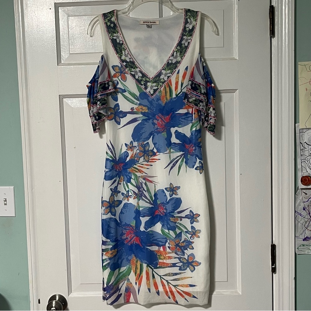 Jealous Tomato Blue Floral cold shoulder short flutter sleeve midi Dress